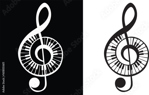 treble clef piano vector silhouette, music logo, musical design, piano keys circle, artistic music symbol, melody icon, creative music art, black and white music symbol, instrumental icon, piano and c