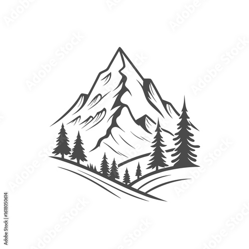 Mountain with Trees Illustration – Symbol of Nature, Adventure, Wilderness, and Outdoor Beauty; Ideal for Travel Branding, Hiking Graphics, Eco Tourism, Nature Posters, and Scenic Landscape Designs