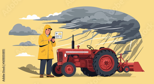 Farmer With Tractor Inspecting Weather Forecast on Smartphone