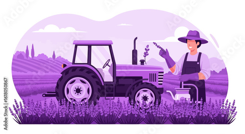 Blooming Fields Tractor Lavender Harvesting Scene Illustration