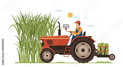 Automated Farming Precision With Tractor And Sugarcane Harvesting Scene