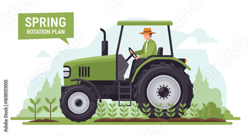 Spring Rotation Plan Farmer Driving Tractor in Fields