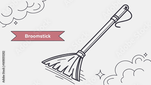 Illustration of a broom with a wooden handle and bristles, accompanied by cloud like shapes and sparkles
