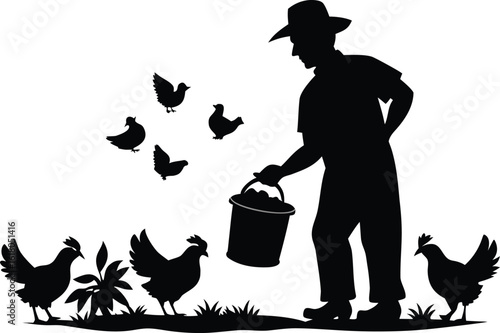 A collection of heartwarming illustrations depicting a chicken farmer tending to their flock, emphasizing rural life, animal care, and sustainable farming