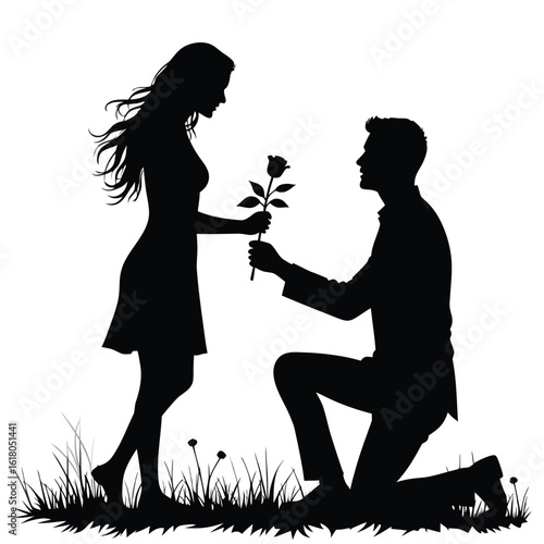 Man proposing with rose to woman in grassy field proposal couple