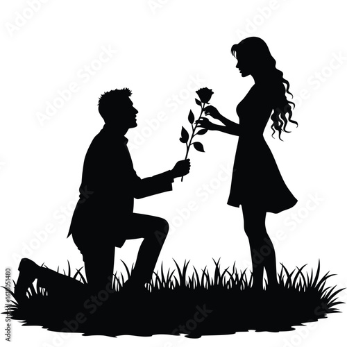 Man proposing with rose to woman in grassy field silhouette proposal romance