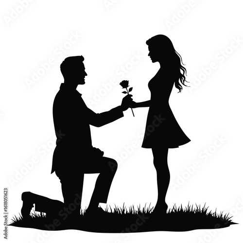 Man proposing with rose to woman on grass silhouette couple proposal