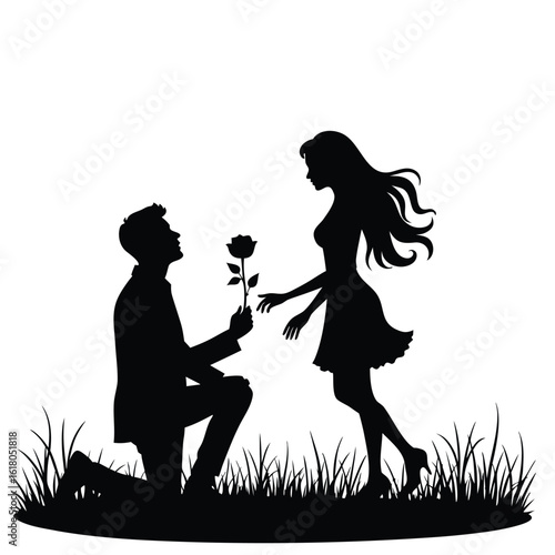 Man proposing with rose to woman silhouette couple proposal