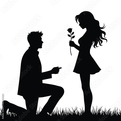 Man proposing with rose to woman silhouette couple vector