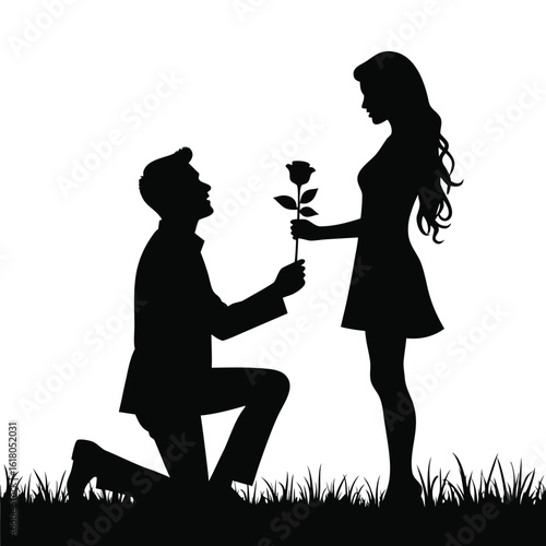 Man proposing with rose to woman silhouette proposal romance