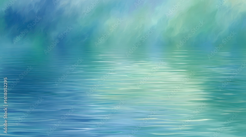 Fototapeta premium An abstract painting of blue and green hues showing a watery surface and reflections