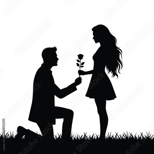 Man proposing with rose to woman silhouette vector