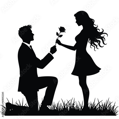 Man proposing with rose to woman silhouette proposal