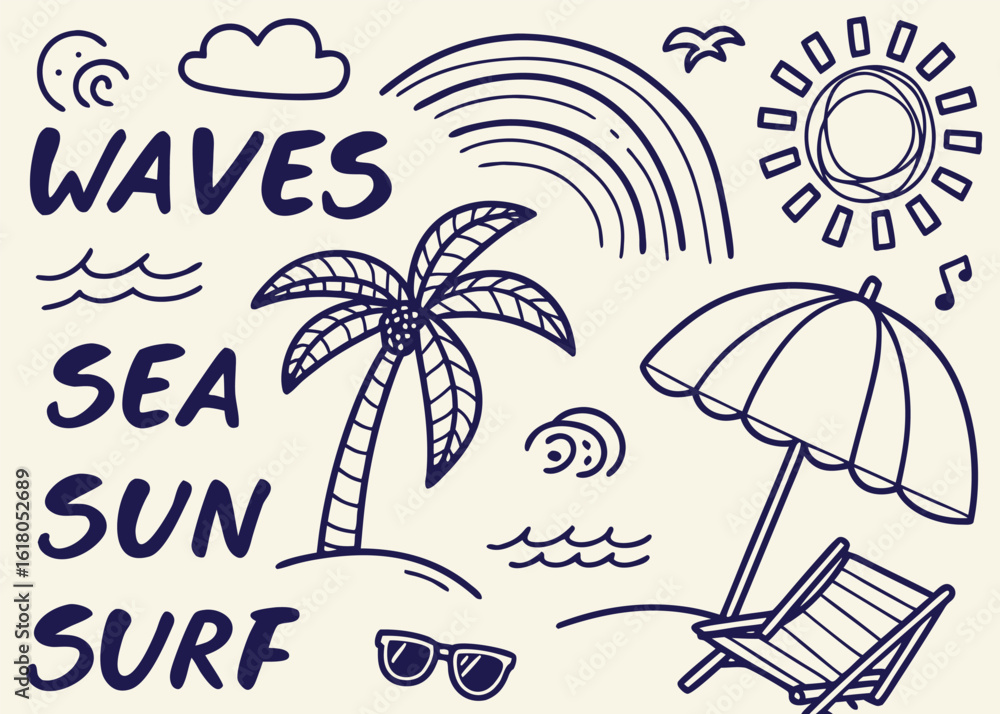 Naklejka premium A Comprehensive Collection of Hand-Drawn and Silhouette Beach & Surf Themed Doodles, Icons, and Summer Elements in Black and White
