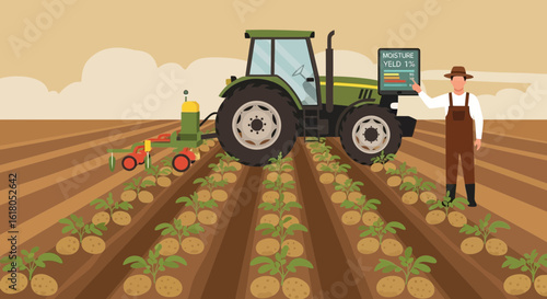 Smart Farming With Tractor And Farmer On An Agriculture Field