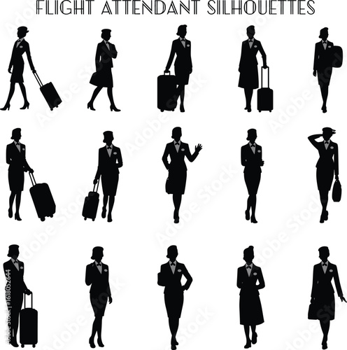 Elegant flight attendant silhouettes, female airline crew with luggage, professional aviation staff vector, travel uniform icon, stewardess illustration collection