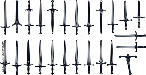 Medieval sword silhouettes collection, fantasy weapons vector set, vintage blades design, black and grey illustration isolated on white background.