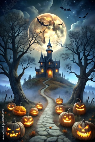 A spooky halloween night with glowing jackolanterns leading to a haunted castle under a full moon