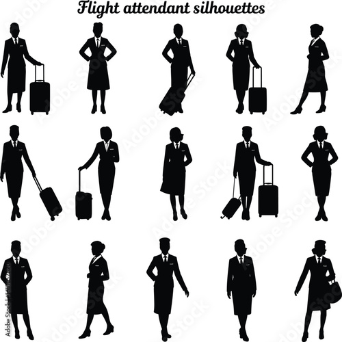 Flight attendant silhouettes bundle, professional uniform crew vector set, airport staff with luggage poses, airline worker clipart for design.