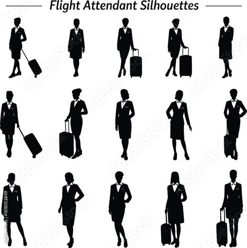 Flight attendant silhouettes collection, professional women in uniform with luggage, travel staff vector clipart, aviation crew pose bundle.