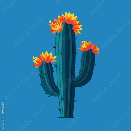 Stylized illustration of a tall saguaro cactus in full bloom with vibrant orange and yellow flowers on a blue background.