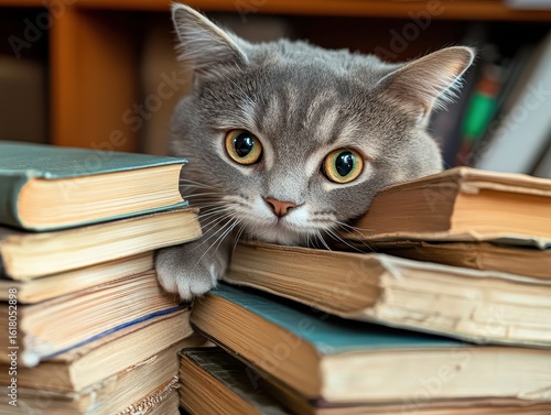 Wallpaper Mural A cat is sitting on a pile of books Torontodigital.ca