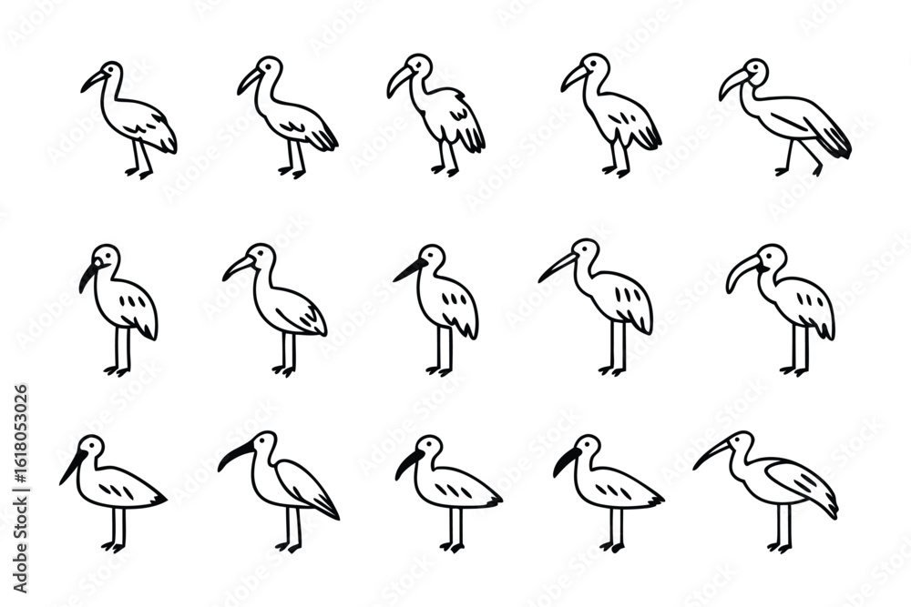 Obraz premium Geometric ibis bird illustration: A collection of ibis illustrations arranged in a grid, showcasing the bird's elegant silhouette and unique form. This clean.