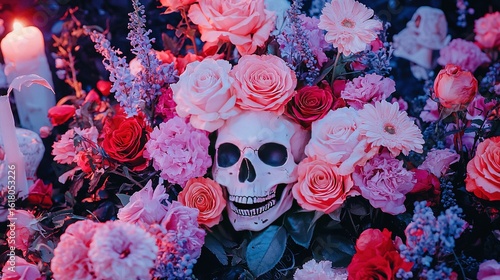   A skull encircled by pink and red blossoms, set against backdrops of candlesticks, with a candle-holder in the fg
