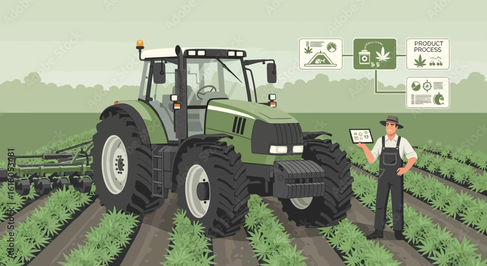 Obraz premium Precision Farming With Tractor And Tablet Analyzing Hemp Growth