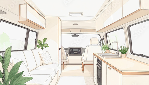 Modern minimalist camper van featuring a cozy kitchen and living area with ample copy space for text use