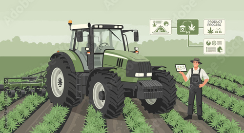 Precision Farming With Tractor And Tablet Analyzing Hemp Growth