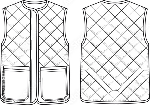 Flat sketch of quilted sleeveless vest with patch pockets, diamond stitching detail, front and back view, fashion technical drawing