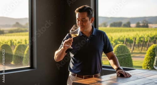 Wine Connoisseur Tasting: A sophisticated individual indulges in the sensory experience of tasting wine, set amidst the picturesque backdrop of a vibrant vineyard, creating an aura of refined taste.