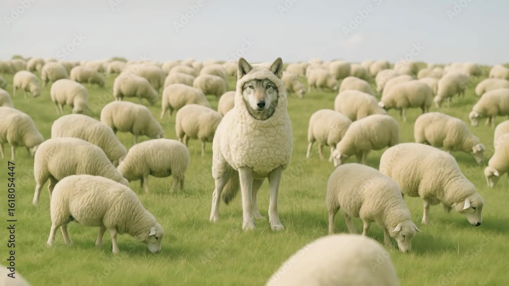 A wolf disguised as a sheep stands among a flock of sheep in a green pasture. The scene captures the contrast between predator and prey in a serene landscape. A wolf disguised as a sheep stands among a flock of sheep in a green pasture. The scene captures the contrast between predator and prey in a serene landscape.