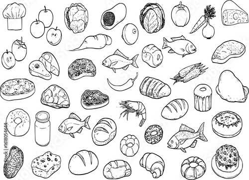 Vector silhouette illustration a variety of food items sketched in black and white on a plain background
