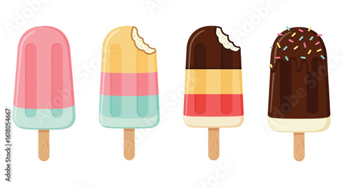 Colorful Popsicle Collection Refreshing Summer Treats on Wooden Sticks Vector Illustration