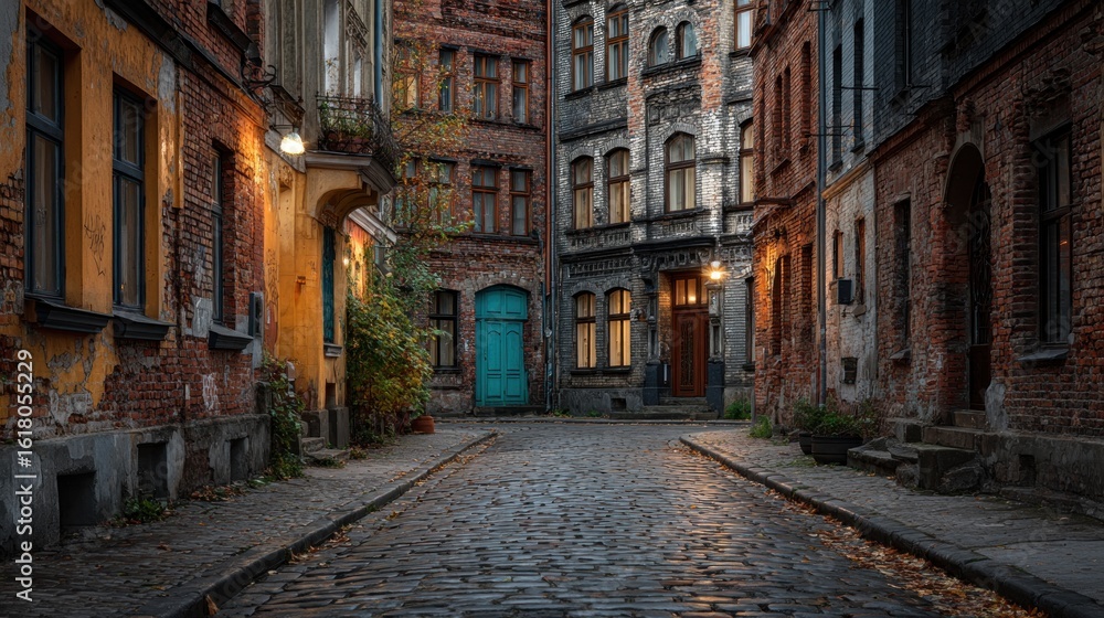 Charming European street corner with aged brick buildings and cobblestone road Charming European street corner with aged brick buildings and cobblestone road