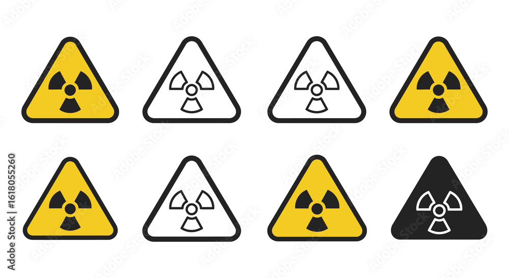 Radiation Hazard Warning Signs in Various Styles and Colors on White Background Radiation Hazard Warning Signs in Various Styles and Colors on White Background