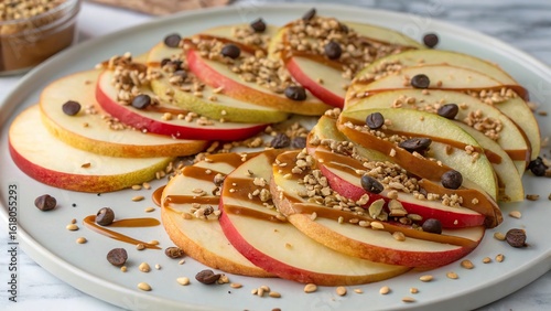 Sliced apple nachos topped with caramel, chocolate chips, and nuts for a delicious snack