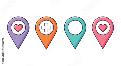 Colorful location pin icons with heart and medical cross symbols