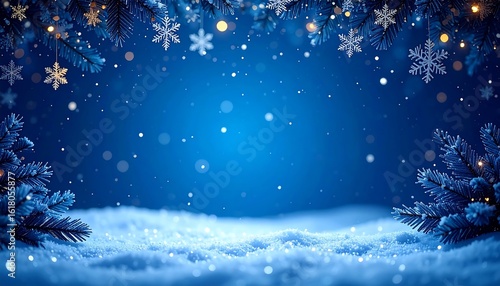 Magical Winter Wonderland Scene with Snowflakes and Christmas Tree Branches