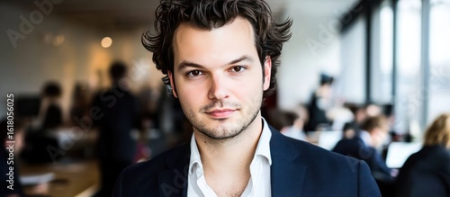 A man in a suit looks directly at the camera with other people blurred in the background