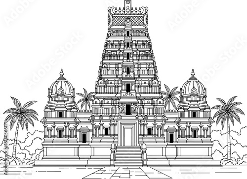 South Indian Hindu Temple Line Art Illustration, Traditional Dravidian Gopuram Architectural Sarangapani Temple outlinewith Palm Trees, Isolated on White Background, Vector Drawing