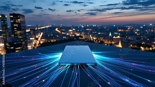 Business Professionals Engaged with Holographic Commerce Data in Vibrant Cityscape – Modern Digital Market Visualization