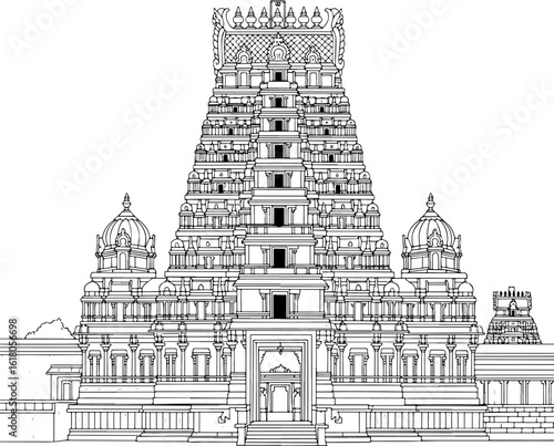 South Indian Hindu Temple Line Art, Traditional Dravidian Architecture, Ancient Indian Monument Illustration, Isolated on White Background, Vector Gopuram Sarangapani Temple 