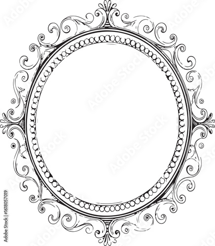 Elegant vintage circular frame in black and white with ornate flourishes and decorations