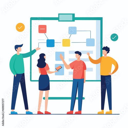 Business team collaborating on a strategic project plan and workflow on a whiteboard.