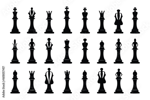 Strategic Silhouette: A minimalist black and white depiction showcases a comprehensive array of chess pieces arranged, ready for tactical maneuvering and intellectual challenge.