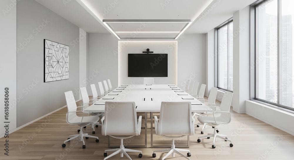 Fototapeta premium A bright and modern conference room with a large table and white chairs and a big screen on the wall