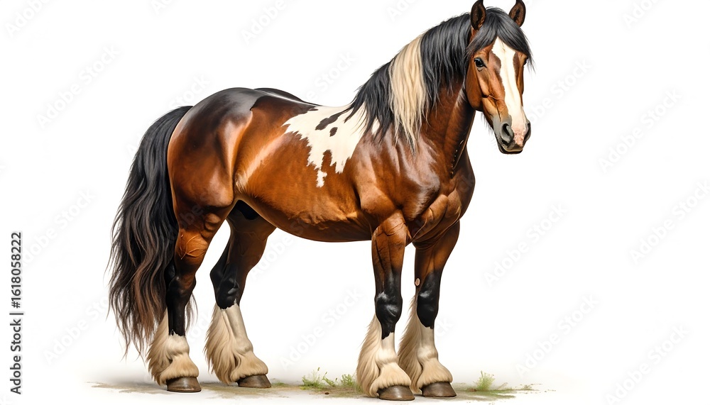 Obraz premium Majestic Brown and White Horse with a Flowing Mane Standing Proudly on White
